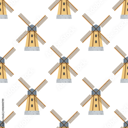 Seamless pattern of windmills on white background.