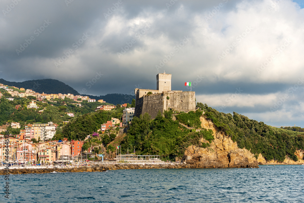 The ancient Castle of Lerici town (1152-1555). Tourist resort on the coast of the Mediterranean sea (Ligurian Sea), Gulf of La Spezia, Italy, Europe.