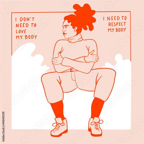 I don't need to love my body, I need to respect my body. Person hugging themselves, 