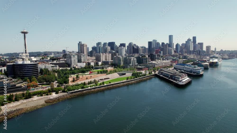 Seattle Cityscape Aerial Background Flying Backwards Revealing Puget Sound Seattle Cityscape Aerial Background Flying Backwards Revealing Puget Sound