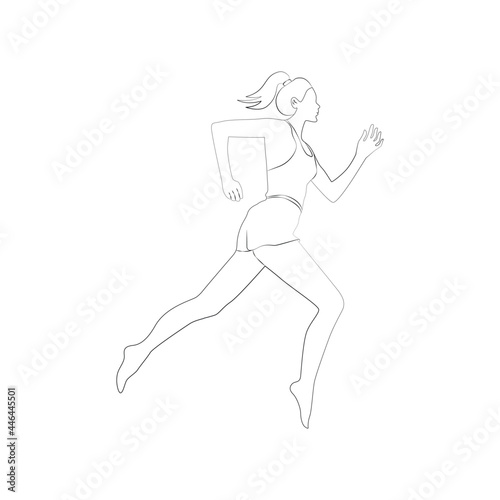 Running woman line art. Silhouette of a lady. A woman is running or jumping in shorts and a tank top. Black and white vector illustration.