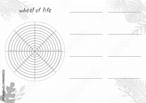 Printable A4 paper sheet with Wheel of Life - diagram with blank lines to fill on tropical leaves background. Coaching tool for bullet journal page, daily planner template, blank for notebook.