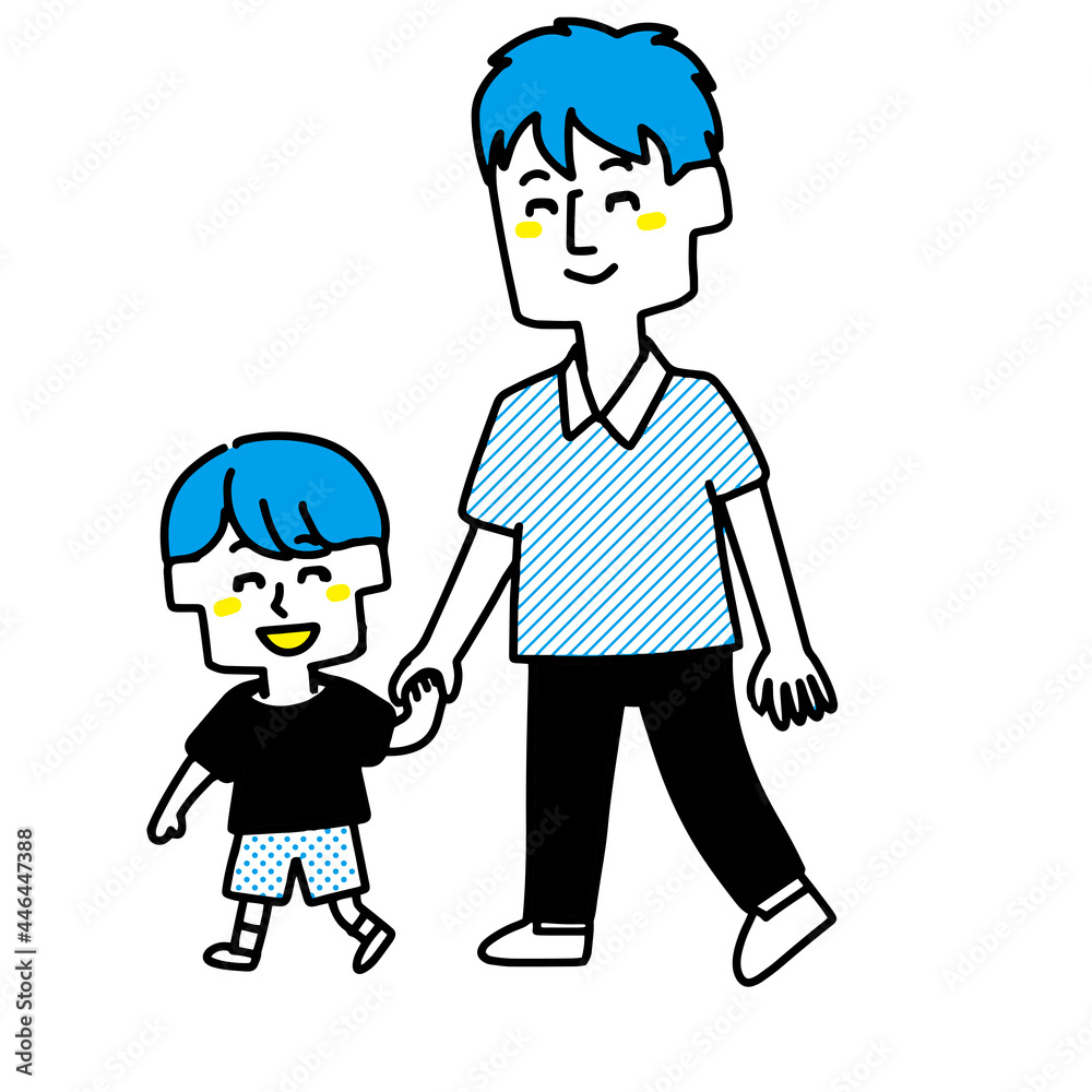 手を繋いで歩いているパパと男の子のイラスト