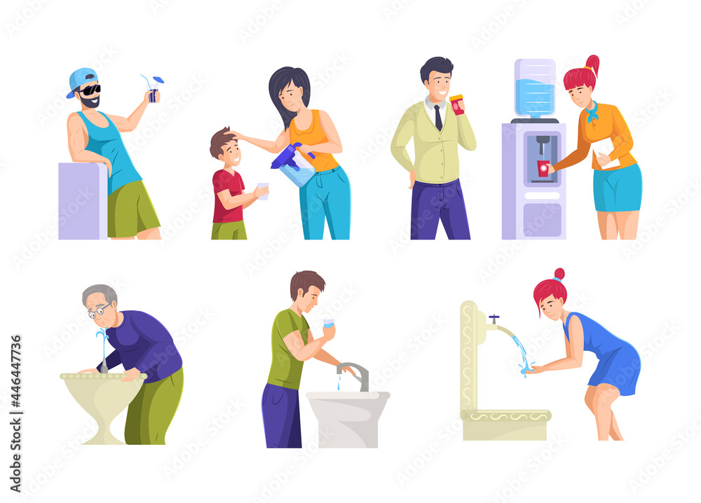 People drink water. Man woman feeling thirst enjoy pure beverage from glass, bottle, fountain, tap, filter. People drink water. Man woman feeling thirst enjoy pure beverage from glass, bottle, fountain, tap, filter.