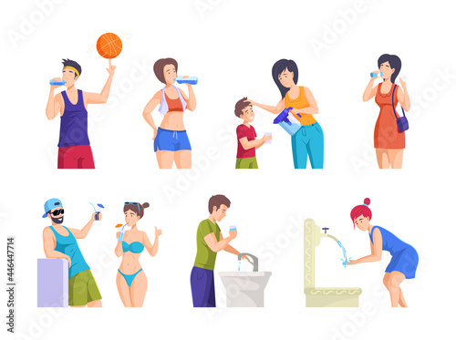 People drink water. Man woman children feeling thirst enjoy pure beverage from glass  bottle  fountain  tap  filter. Quenching thirst of people on vacation  sports training  on street