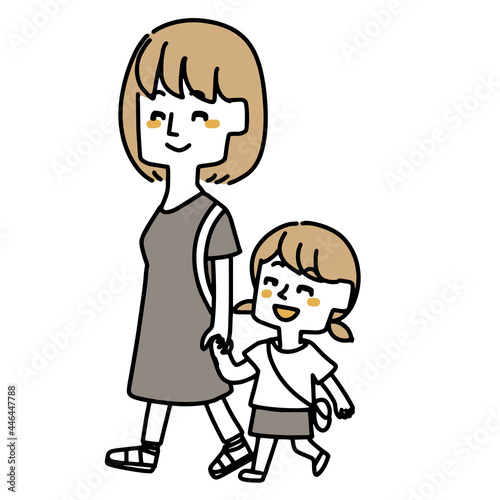手を繋いで歩いているお母さんと娘のイラスト