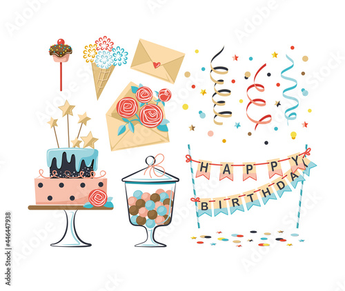 Set of birthday party decorations. Festive kit happy anniversary day holiday cards, ice cream, cake, flags with inscription, candy, sweet cupcake for celebrating holiday
