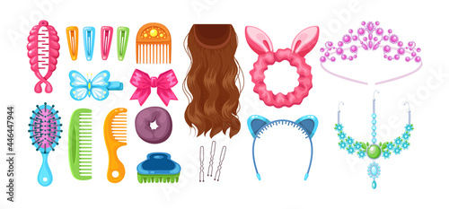 Set of feminine hair accessories. Items for woman hairdo styling. Elastic bands, bows, hoops, hairpins, combs, invisible, crown, false hair, hairpiece.
