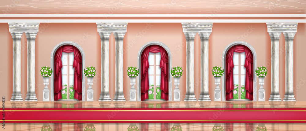 Palace interior vector background, castle royal hall, dance ballroom, arch  window, marble pillars. Museum exhibition, luxury architecture indoor  banner, rich classic column. Palace interior backdrop Stock Vector | Adobe  Stock