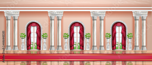 Palace interior vector background, castle royal hall, dance ballroom, arch window, marble pillars. Museum exhibition, luxury architecture indoor banner, rich classic column. Palace interior backdrop