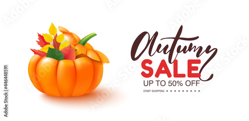 Autumn sale banner template with pumpkin and leaves. Poster, card, label, web banner. Vector illustration