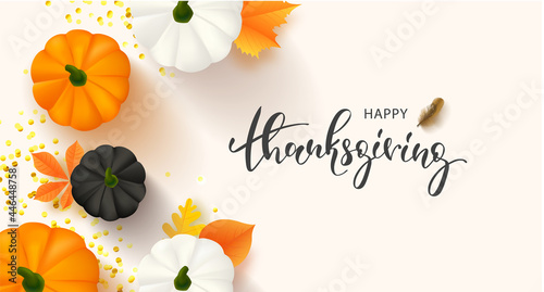 Hello thanksgiving banner template with pumpkin and leaves. Poster, card, label, web banner. Vector illustration