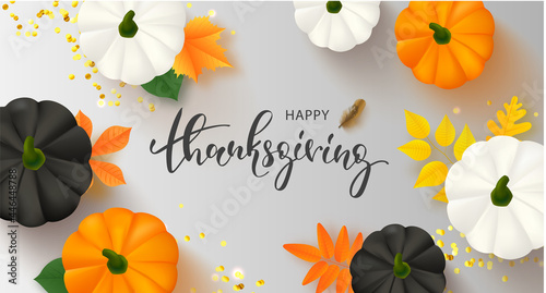 Hello thanksgiving banner template with pumpkin and leaves. Poster, card, label, web banner. Vector illustration