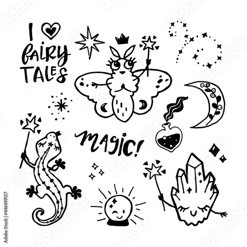 Foto Childish magic nocturnal doodle line elements set