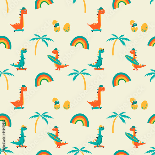 Seamless dino pattern. Seamless pattern of cute colorful dinosaurs with skeatboard and surf . Seamless pattern of cute colorful dinosaurs with sunglasses and baseball cap. Rainbow and palm tree.  