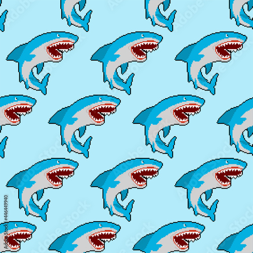 Shark pixel art pattern seamless. Sea predator 8bit background. Large predatory marine fish. vector texture