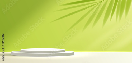 Cosmetic green background and premium podium display for product presentation branding and packaging presentation. studio stage with shadow of leaf background. vector design
