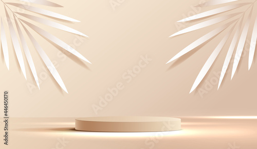 Cosmetic on brown background and premium podium display for product presentation branding and packaging . studio stage with shadow of leaf background. vector design