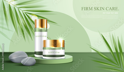 Cosmetics spa or skin care product ads with bottle, banner ad for beauty products , leaf and stone on green background glittering light effect. vector design