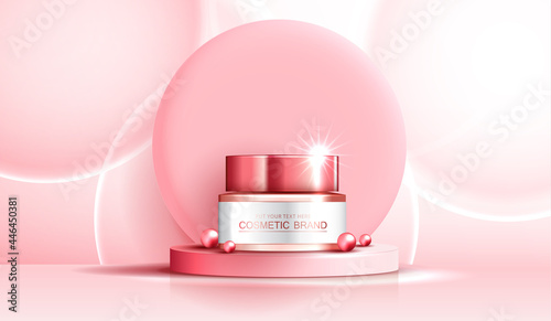 Cosmetics spa or skin care product ads with bottle, banner ad for beauty products , pink pearl and bubble on pink background glittering light effect. vector design