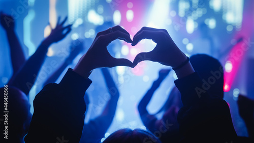 Fotografia Person is Making a Heart Sign Gesture and Holding Hands Up at a Performance