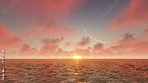 Colorful sunset and sky with pink clouds on sea 3d render © Annuitti