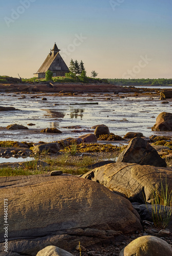 Old wooden Orthodox church in Russia. Chapel. Scenery for a Russian film.