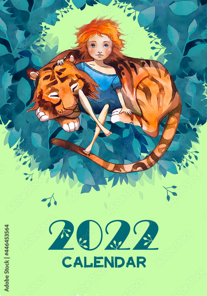 Naklejka premium Calendar for the Year of the Tiger 2022 with watercolor illustrations from the Year of the Tiger 2022 set. The set includes a cover and 12 pages with all the months of the year.