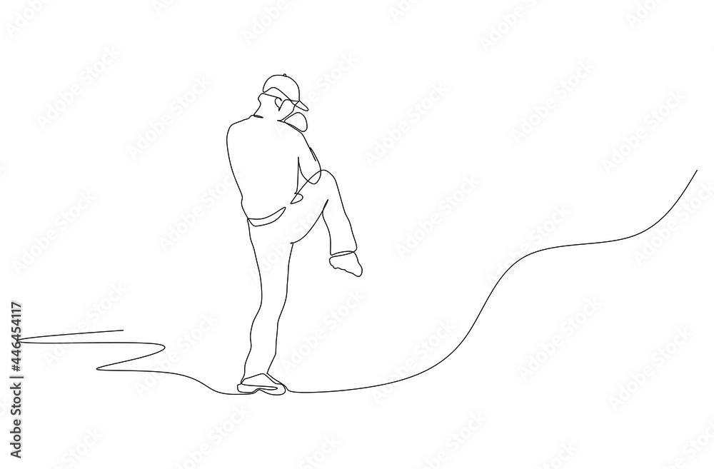 Fototapeta One continuous line drawing of young sporty man baseball player focus practice to throw the ball. Competitive sport concept. Dynamic single line draw design vector illustration for promotion poster