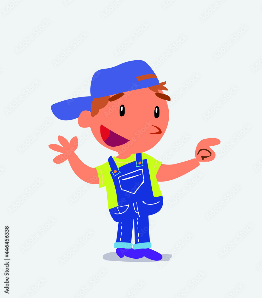  cartoon character of little boy on jeans smiling while pointing.
