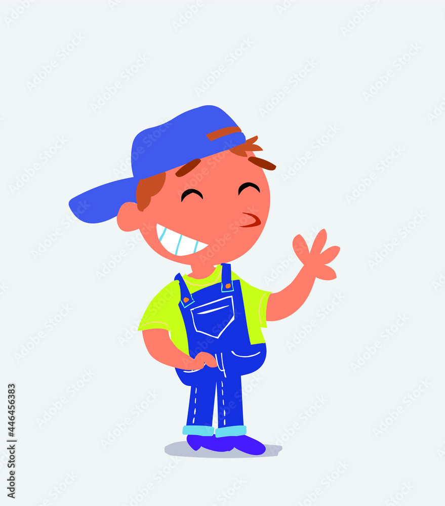  cartoon character of little boy on jeans waving informally while laughing.