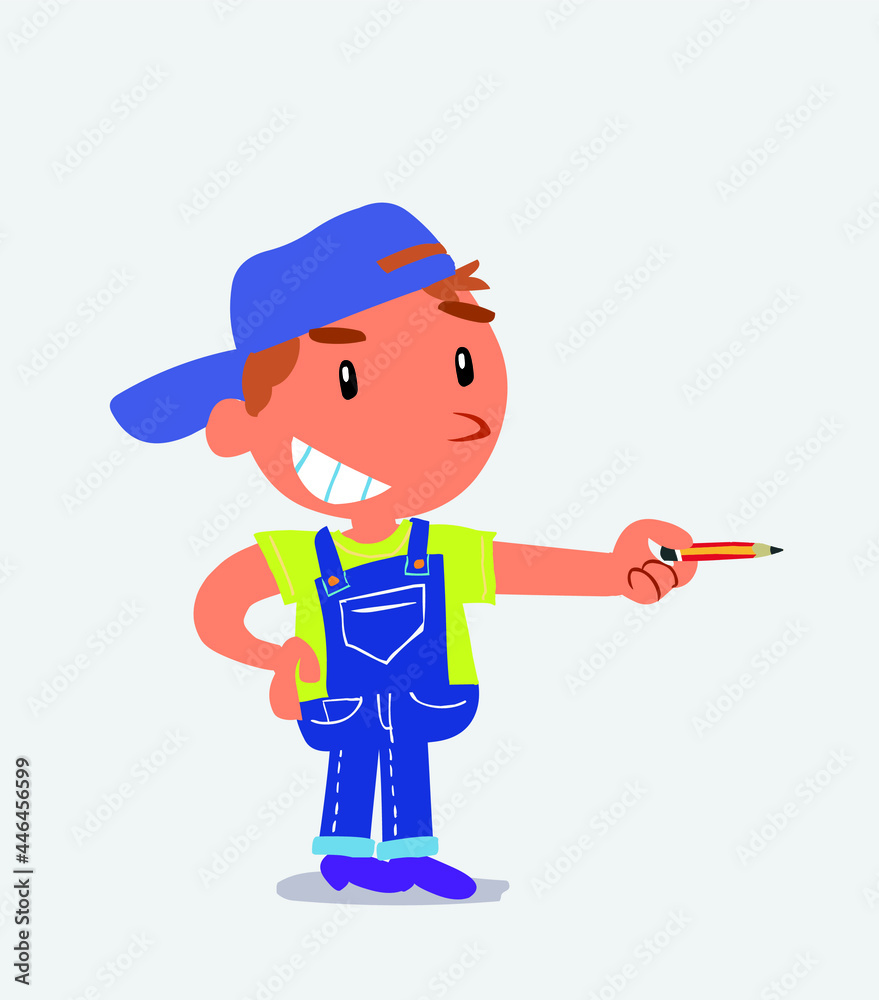  happy cartoon character of little boy on jeans points with pencil to the side.