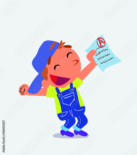 euphoric cartoon character of little boy on jeans raises his arms with exam in hand.