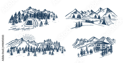 Sketch Camping in nature set, Mountain landscape, vector illustrations.	
