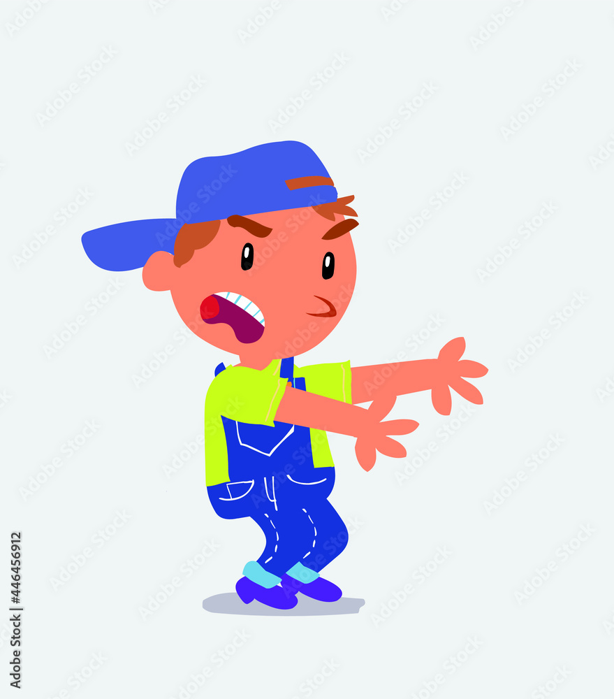 Very angry cartoon character of little boy on jeans pointing at something at side. Very angry cartoon character of little boy on jeans pointing at something at side.