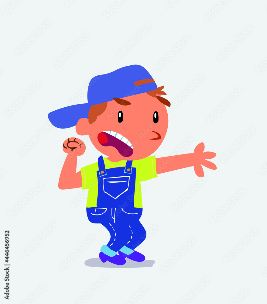 Very angry cartoon character of little boy on jeans pointing at something. Very angry cartoon character of little boy on jeans pointing at something.