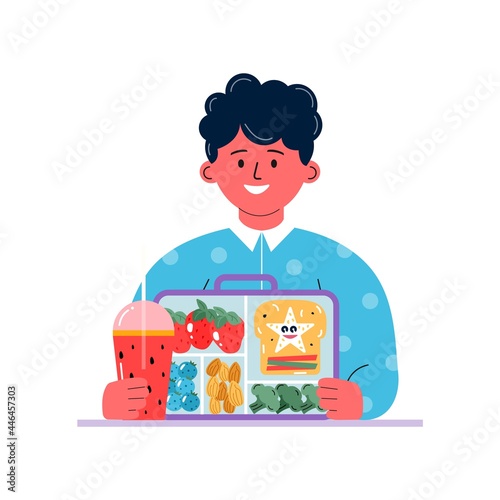 Boy having breakfast or lunch meals. Kid  eating, drinking healthy food, drinks. Children school lunch boxes with meal, hamburger, sandwich, juice, snacks, fruit, vegetables.Vector