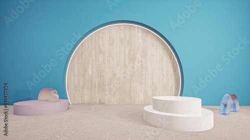 3d mock up scene with product podium. Blue and cold tones with reflective arches. © Hansa