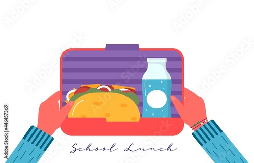 Hands holding breakfast or lunch meals. Food, drinks for Children school lunch boxes with  meal,  sandwich, juice, snacks, fruit, Vector trendy