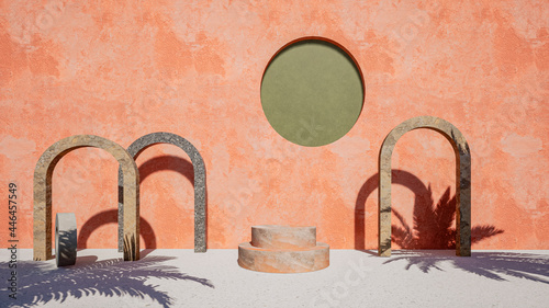 3d mock up scene with product podium and stone arcs. Earthy colors and tropical leaves shadows. photo