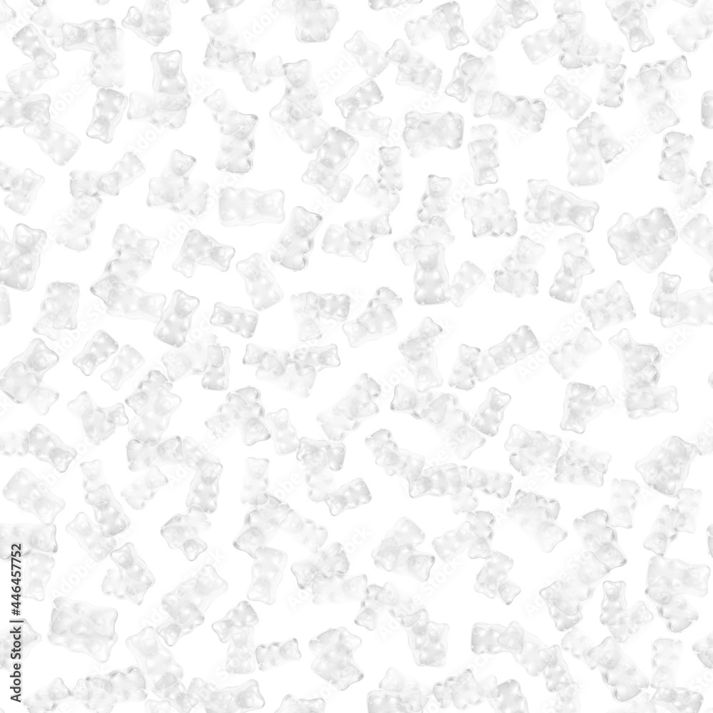 Seamless pattern of white and translucent gummy bears on a white background