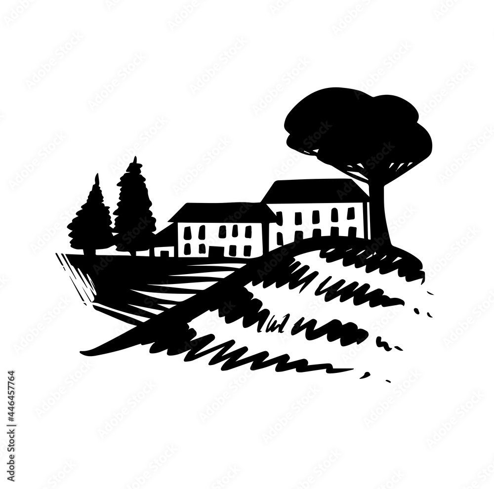 Obraz premium Vineyard icon logo hand drawn wine farm on white background