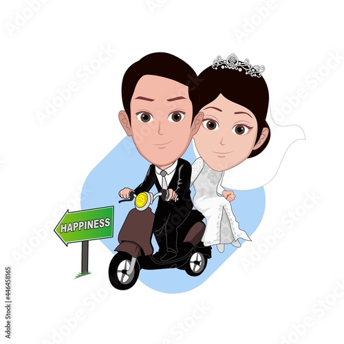 cartoon caricature of a couple riding a land transportation, namely a scooter
