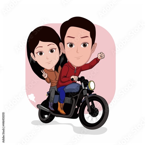 cartoon caricature of a couple riding a classic custom motorcycle photo