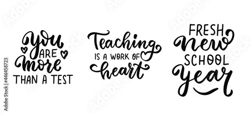 Hand lettering quotes set about teaching. Hand lettering overlays for poster, tag, cards. Kindergarten teacher, tutor, instructor, mentor text vector isolated brush calligraphy bundle