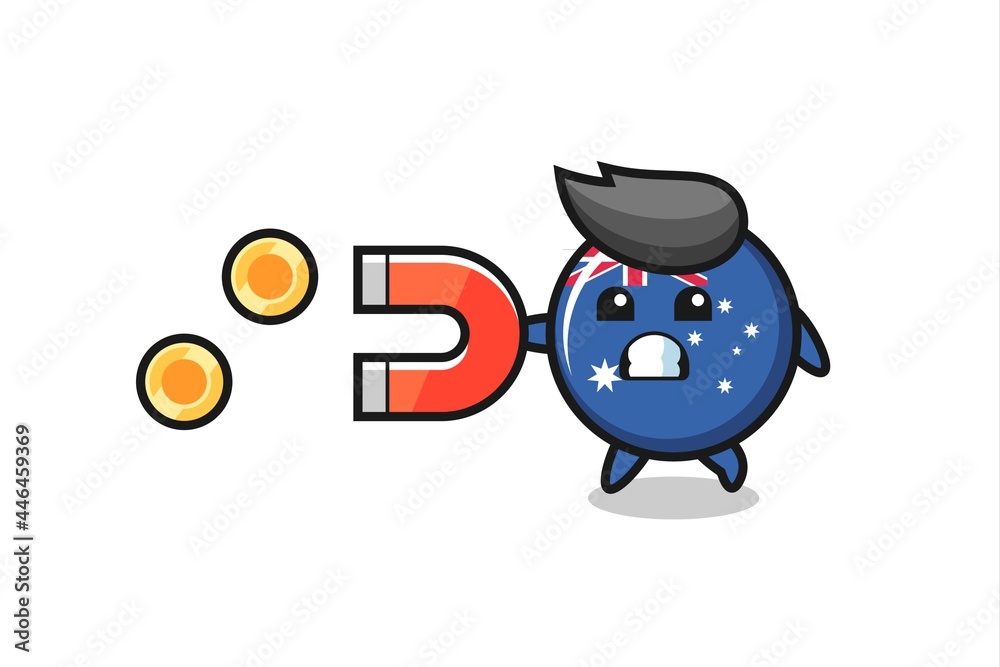 Fototapeta premium the character of australia flag badge hold a magnet to catch the gold coins