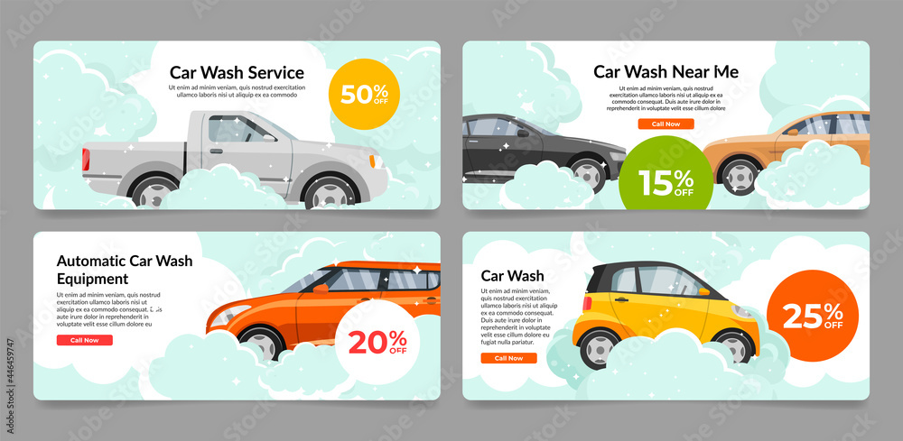 Collection car wash service internet advertising banner vector automobile cleaning landing page - obrazy, fototapety, plakaty 