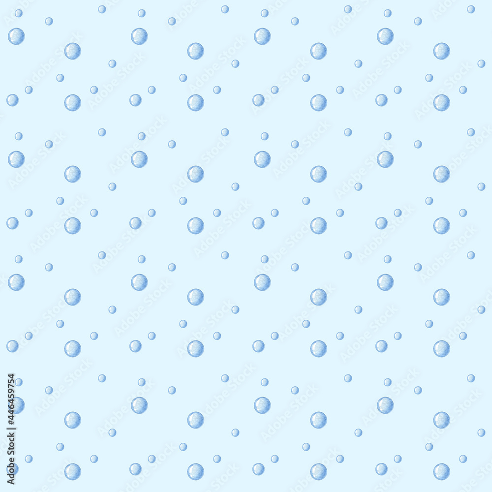 Collection of watercolor seamless pattern - underwater world. Bubbles on blue background