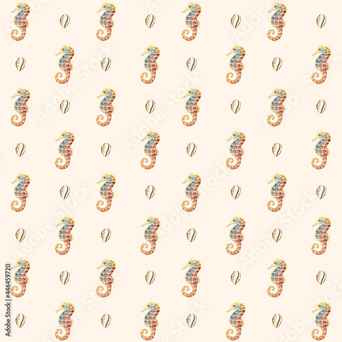 Collection of watercolor  seamless pattern - underwater world. Seashells and sea Horse, on a beige background