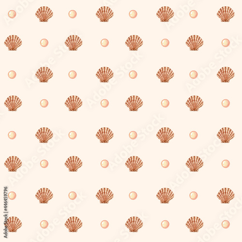 Collection of watercolor  seamless pattern - underwater world. Seashells and bubbles on a beige background.